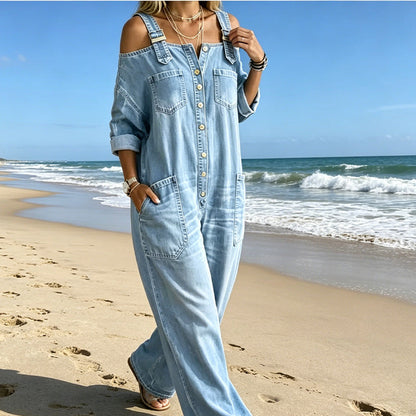 🔥 50% RABATT 👗✨ Cold-shoulder jumpsuit med vida ben & fickor – luftig komfort och stilren elegans för sommaren ☀️