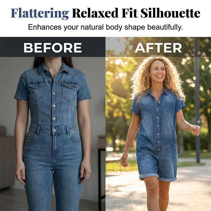 👖🌸 Avslappnad denimromper med knappar och fickor