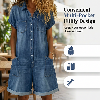 👖🌸 Avslappnad denimromper med knappar och fickor