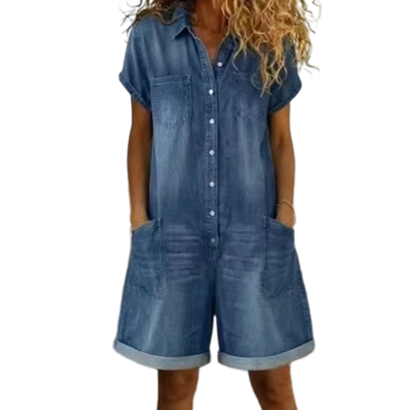 👖🌸 Avslappnad denimromper med knappar och fickor