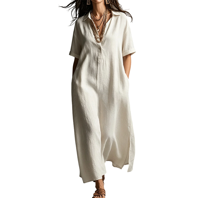 ⏳🔥50 % RABATT UNDER BEGRÄNSAD TID! 👗 Elegant kortärmad damklänning i bomull och linne med krage – luftig, chic och bekväm ✨