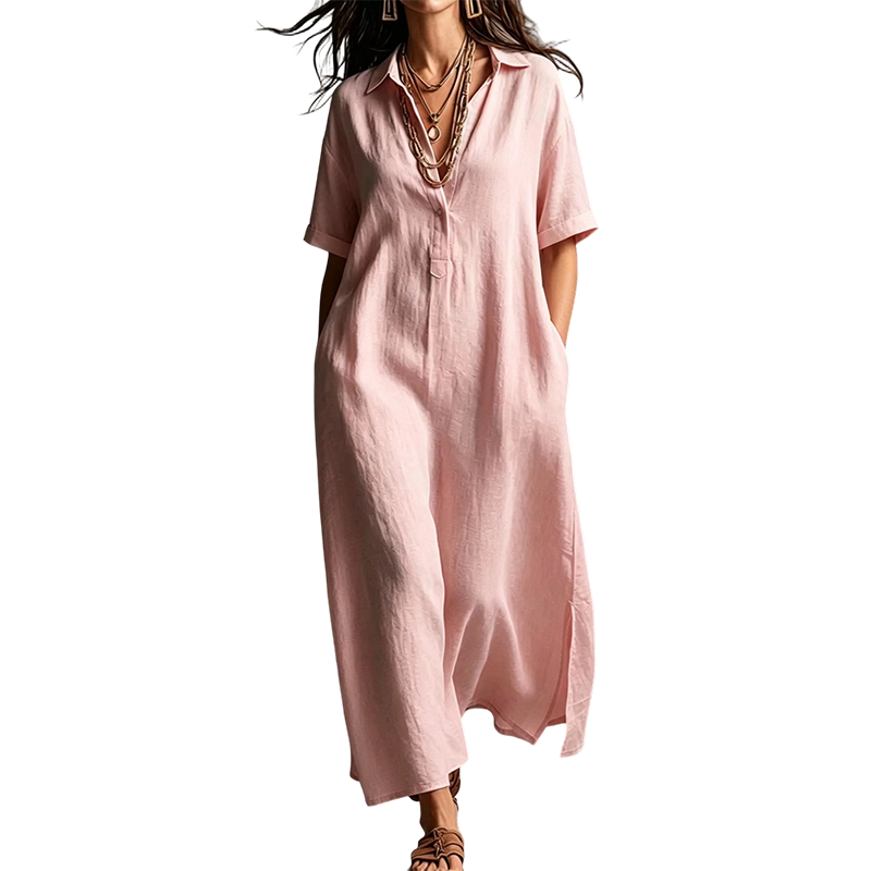 ⏳🔥50 % RABATT UNDER BEGRÄNSAD TID! 👗 Elegant kortärmad damklänning i bomull och linne med krage – luftig, chic och bekväm ✨