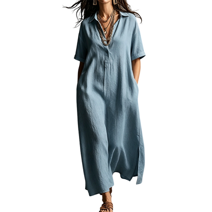 ⏳🔥50 % RABATT UNDER BEGRÄNSAD TID! 👗 Elegant kortärmad damklänning i bomull och linne med krage – luftig, chic och bekväm ✨