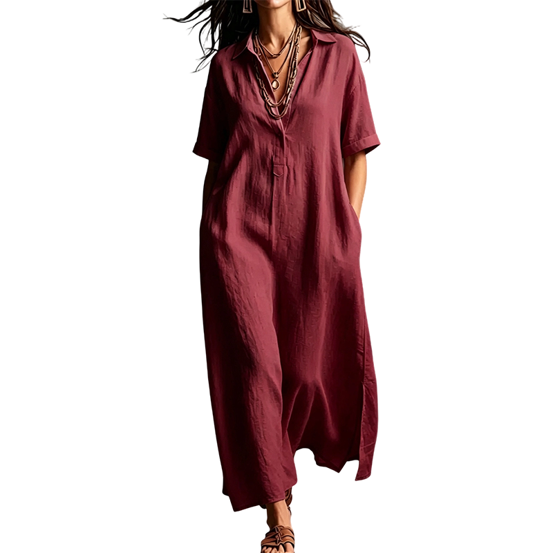⏳🔥50 % RABATT UNDER BEGRÄNSAD TID! 👗 Elegant kortärmad damklänning i bomull och linne med krage – luftig, chic och bekväm ✨