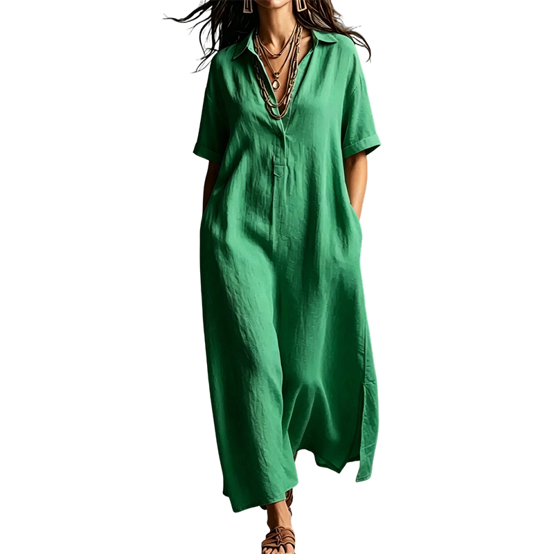 ⏳🔥50 % RABATT UNDER BEGRÄNSAD TID! 👗 Elegant kortärmad damklänning i bomull och linne med krage – luftig, chic och bekväm ✨