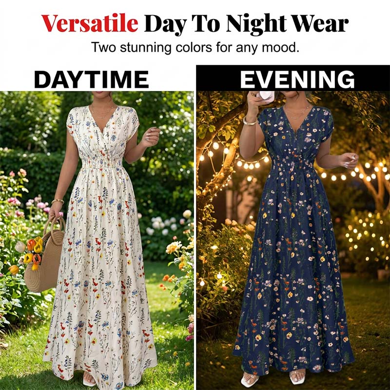 Maxiklänning för damer med blommönster, V-ringning och smockad midja