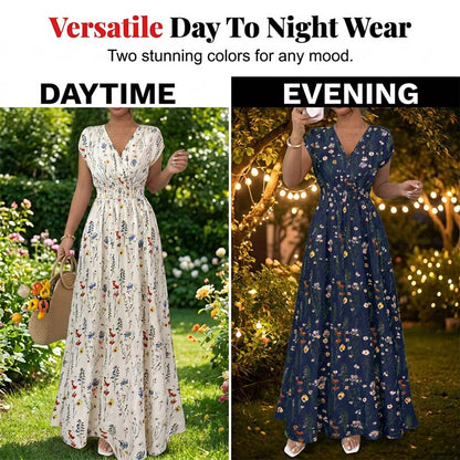 Maxiklänning för damer med blommönster, V-ringning och smockad midja