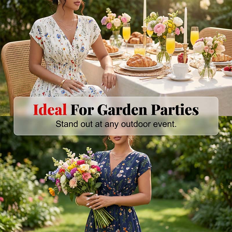 Maxiklänning för damer med blommönster, V-ringning och smockad midja