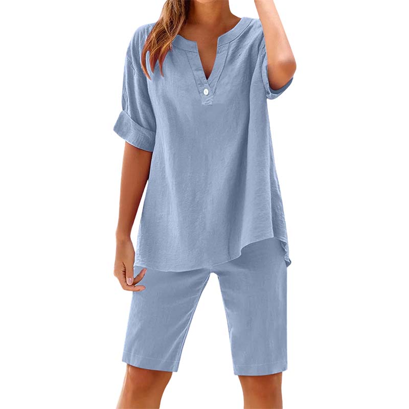 👕👖 Andningsbart sommarlounge set med V-hals och resår
