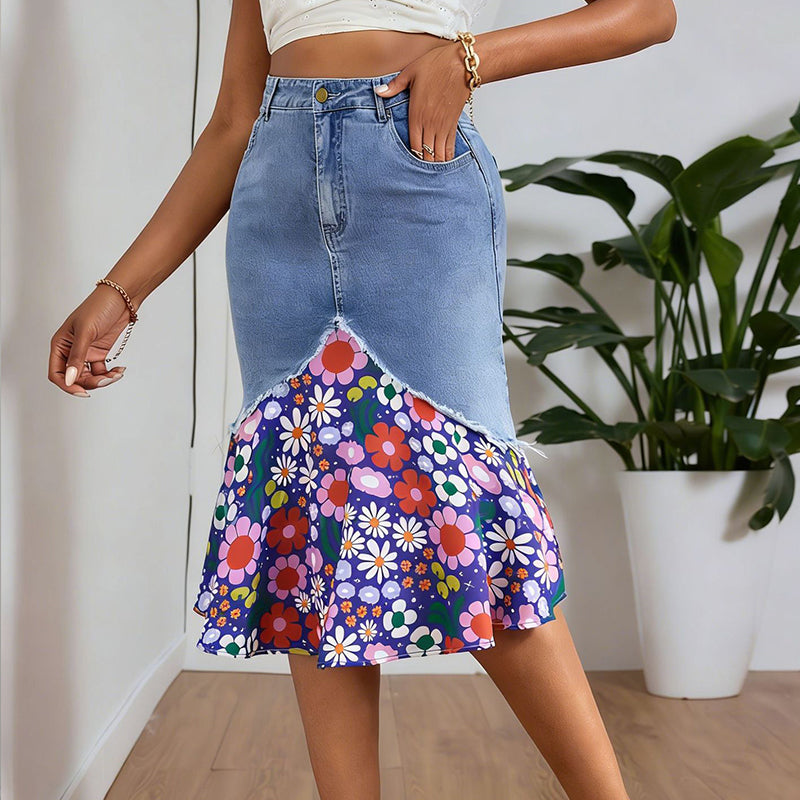 👗✨ Patchwork denimkjol med hög midja och volang