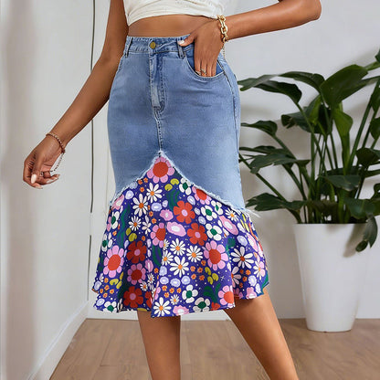 👗✨ Patchwork denimkjol med hög midja och volang