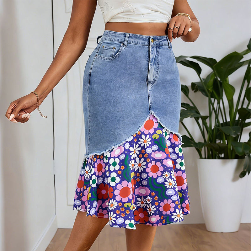 👗✨ Patchwork denimkjol med hög midja och volang
