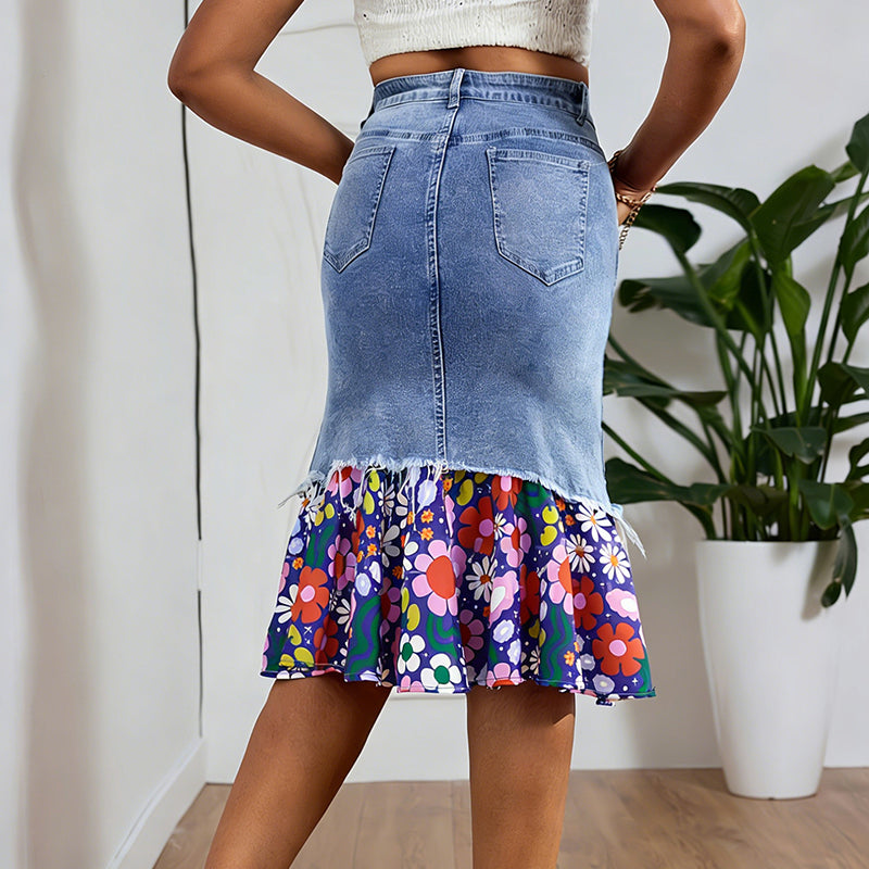 👗✨ Patchwork denimkjol med hög midja och volang