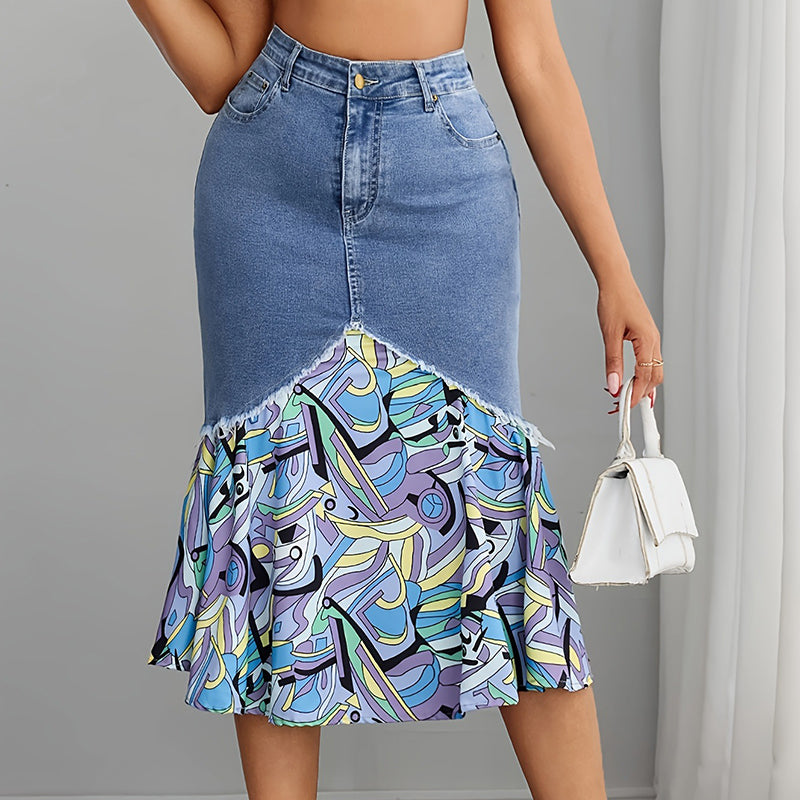 👗✨ Patchwork denimkjol med hög midja och volang