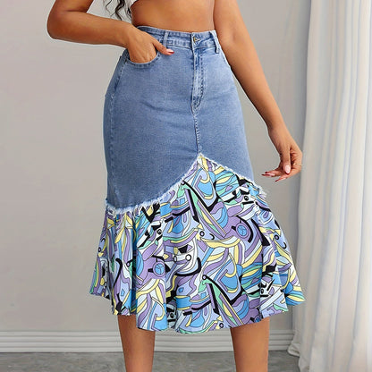 👗✨ Patchwork denimkjol med hög midja och volang