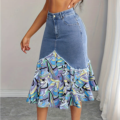 👗✨ Patchwork denimkjol med hög midja och volang