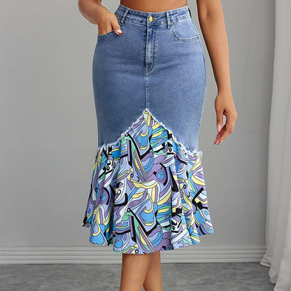 👗✨ Patchwork denimkjol med hög midja och volang
