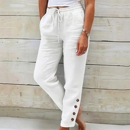 🔥 50% RABATT 👖 Dambyxor med dragsko i midjan & knappar vid anklarna ✨ Lätt, stilren & perfekt för avslappnad vardag 🌿
