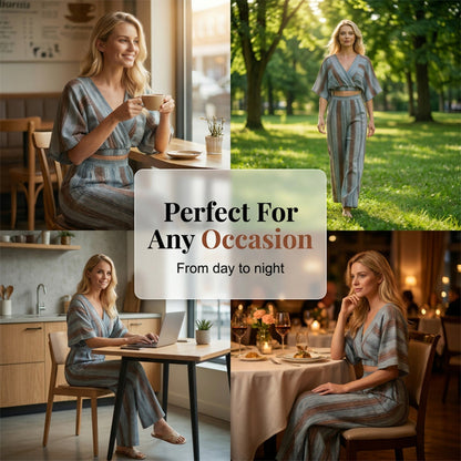 Set med randig kort topp och byxor med vida ben för dam