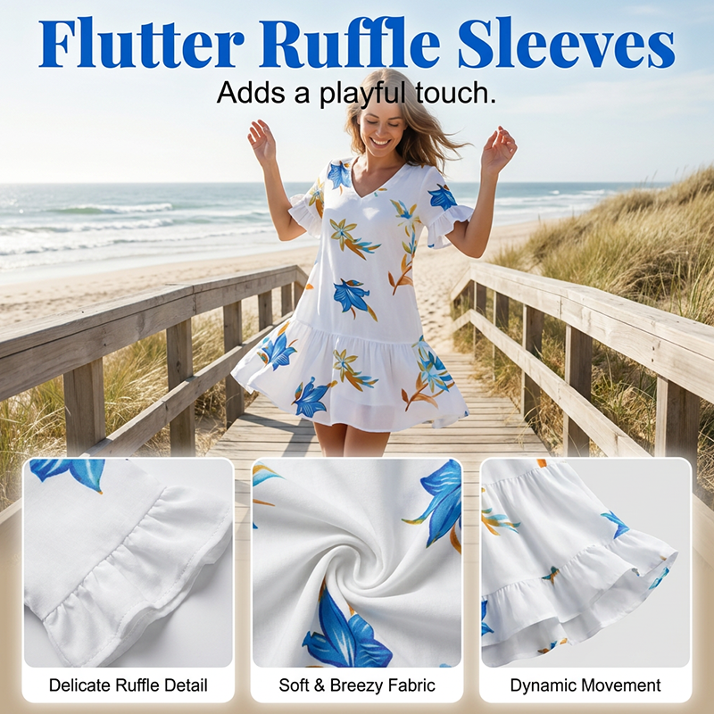 🥳 50 % RABATT! 🥳 – Elegant miniklänning med blommönster och volanger – Perfekt för varma sommardagar!
