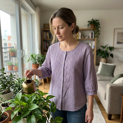 👕🌸 Broderad bomull-linne blus med knappar och 3/4-ärmar