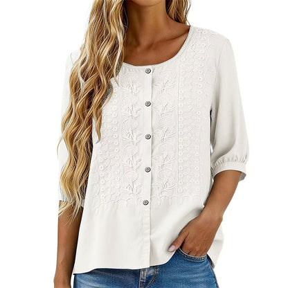 👕🌸 Broderad bomull-linne blus med knappar och 3/4-ärmar