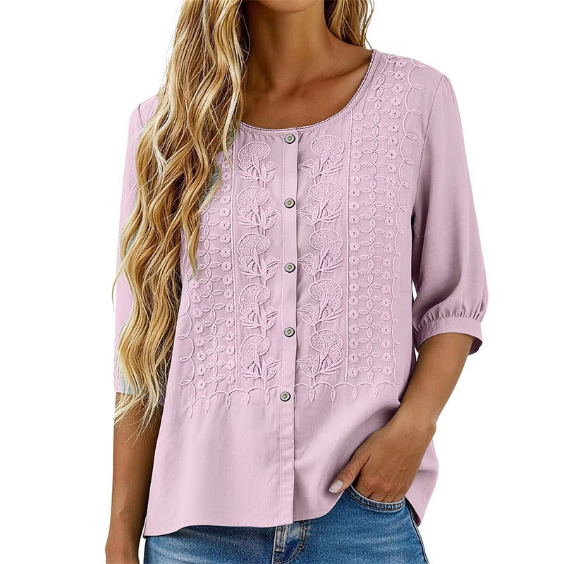 👕🌸 Broderad bomull-linne blus med knappar och 3/4-ärmar