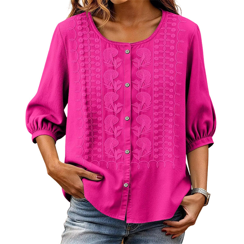 👕🌸 Broderad bomull-linne blus med knappar och 3/4-ärmar