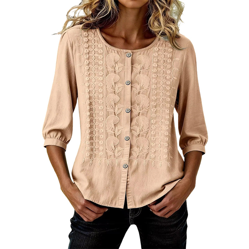 👕🌸 Broderad bomull-linne blus med knappar och 3/4-ärmar