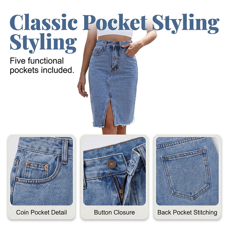 Jeanskjol för damer med hög midja och slits framtill