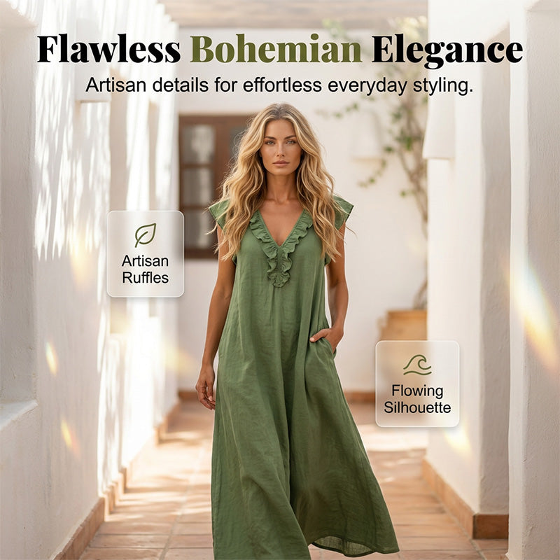 👗 50 % RABATT NU! 🌸 Vårig, ärmlös klänning med V-ringning och volanger för damer – Lätt och luftigt snitt – Perfekt för sommardagar, stranden eller brunch – charmig och bekväm att ha på sig 💃