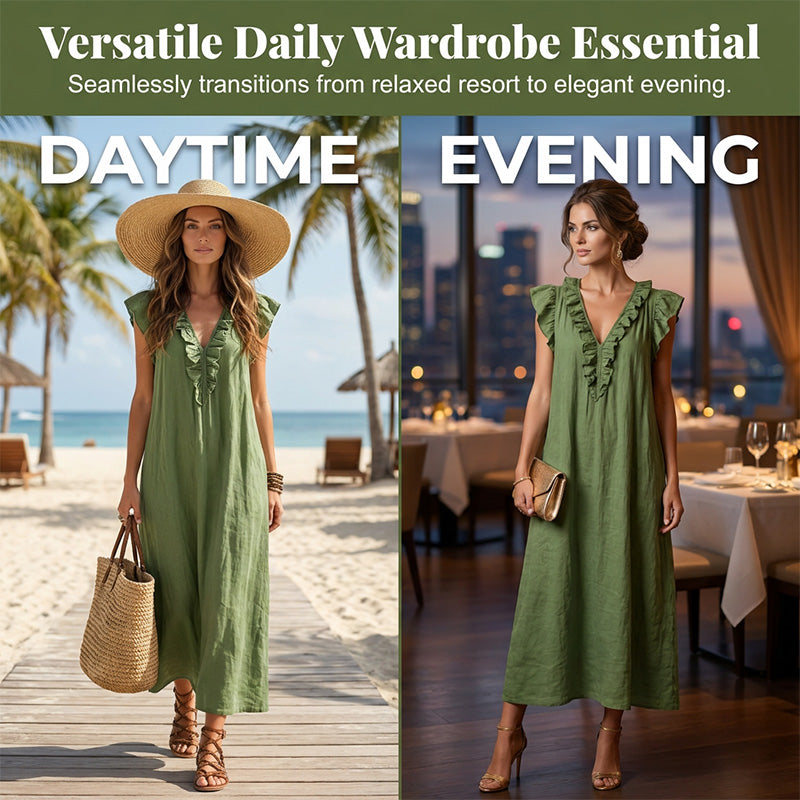 👗 50 % RABATT NU! 🌸 Vårig, ärmlös klänning med V-ringning och volanger för damer – Lätt och luftigt snitt – Perfekt för sommardagar, stranden eller brunch – charmig och bekväm att ha på sig 💃
