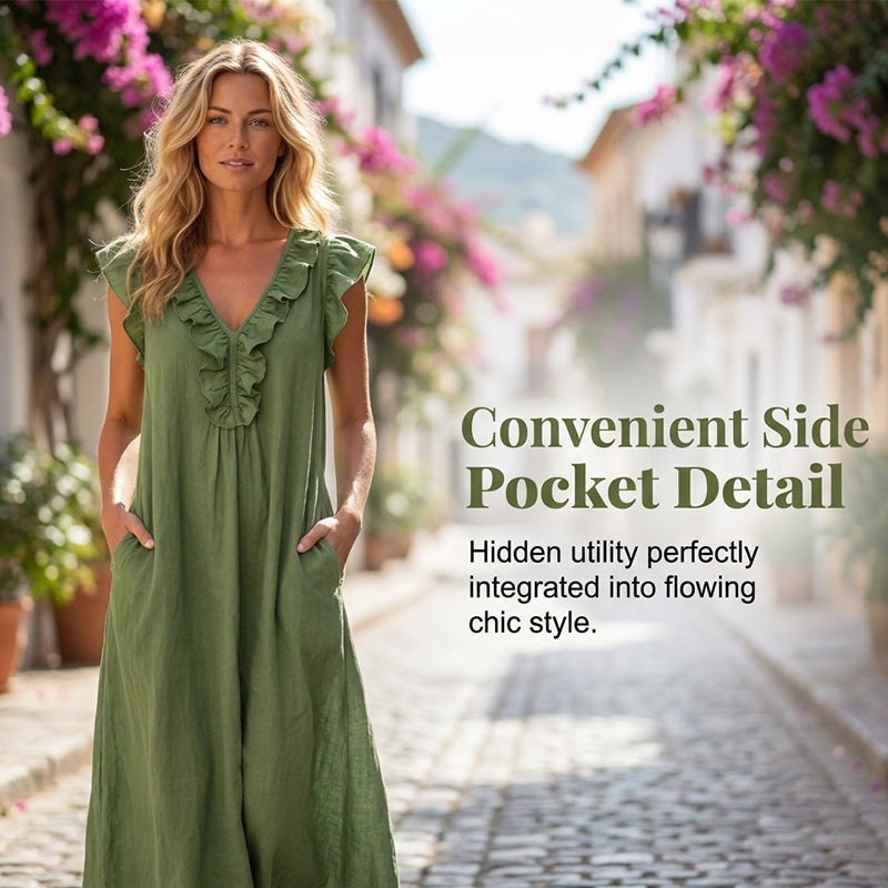 👗 50 % RABATT NU! 🌸 Vårig, ärmlös klänning med V-ringning och volanger för damer – Lätt och luftigt snitt – Perfekt för sommardagar, stranden eller brunch – charmig och bekväm att ha på sig 💃