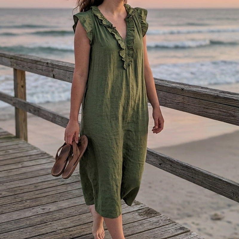👗 50 % RABATT NU! 🌸 Vårig, ärmlös klänning med V-ringning och volanger för damer – Lätt och luftigt snitt – Perfekt för sommardagar, stranden eller brunch – charmig och bekväm att ha på sig 💃