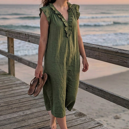 👗 50 % RABATT NU! 🌸 Vårig, ärmlös klänning med V-ringning och volanger för damer – Lätt och luftigt snitt – Perfekt för sommardagar, stranden eller brunch – charmig och bekväm att ha på sig 💃