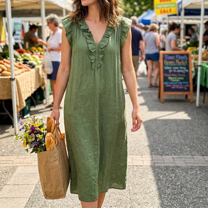 👗 50 % RABATT NU! 🌸 Vårig, ärmlös klänning med V-ringning och volanger för damer – Lätt och luftigt snitt – Perfekt för sommardagar, stranden eller brunch – charmig och bekväm att ha på sig 💃