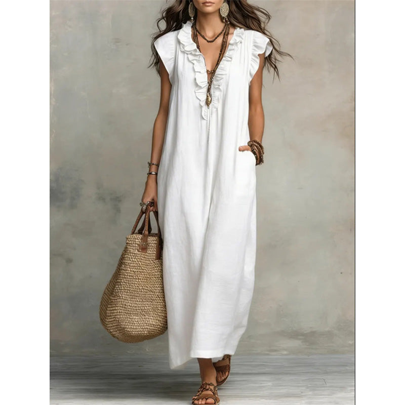 👗 50 % RABATT NU! 🌸 Vårig, ärmlös klänning med V-ringning och volanger för damer – Lätt och luftigt snitt – Perfekt för sommardagar, stranden eller brunch – charmig och bekväm att ha på sig 💃