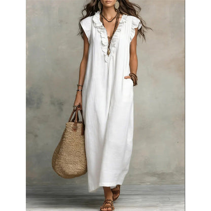 👗 50 % RABATT NU! 🌸 Vårig, ärmlös klänning med V-ringning och volanger för damer – Lätt och luftigt snitt – Perfekt för sommardagar, stranden eller brunch – charmig och bekväm att ha på sig 💃