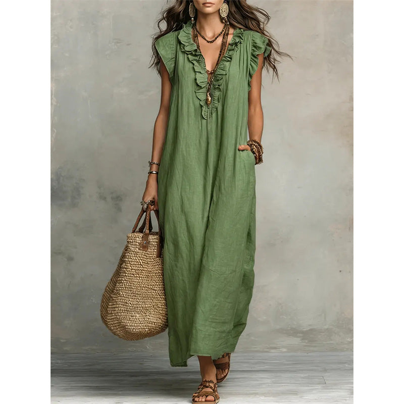 👗 50 % RABATT NU! 🌸 Vårig, ärmlös klänning med V-ringning och volanger för damer – Lätt och luftigt snitt – Perfekt för sommardagar, stranden eller brunch – charmig och bekväm att ha på sig 💃