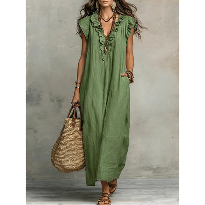 👗 50 % RABATT NU! 🌸 Vårig, ärmlös klänning med V-ringning och volanger för damer – Lätt och luftigt snitt – Perfekt för sommardagar, stranden eller brunch – charmig och bekväm att ha på sig 💃