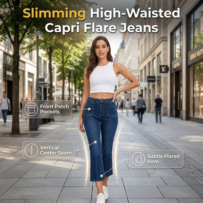 Caprijeans med hög midja och utsvängda ben för dam
