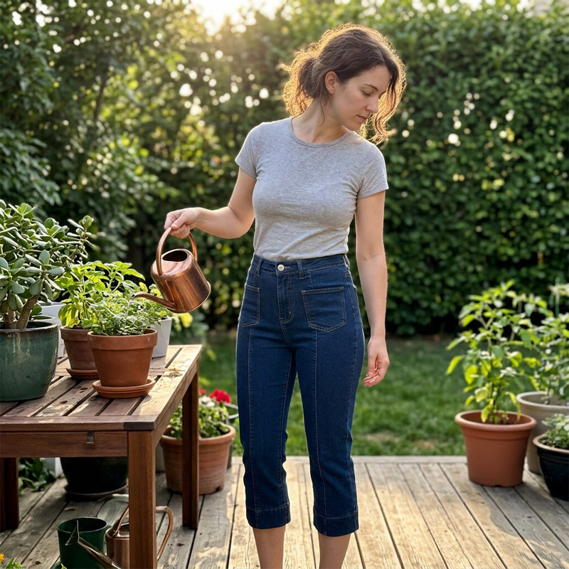 Caprijeans med hög midja och utsvängda ben för dam