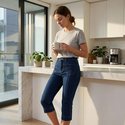 Caprijeans med hög midja och utsvängda ben för dam