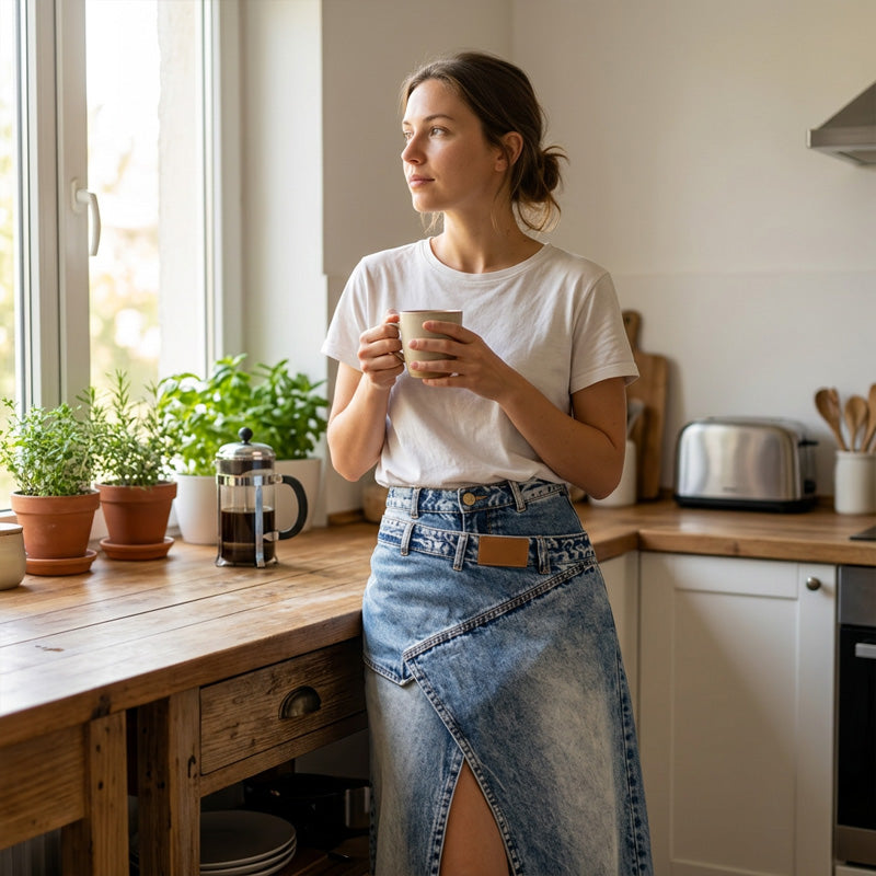 👗✨ Asymmetrisk lager denim maxikjol med slits