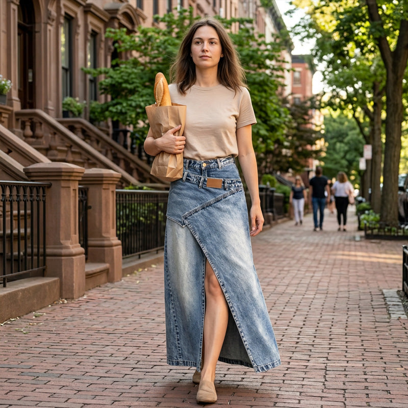 👗✨ Asymmetrisk lager denim maxikjol med slits