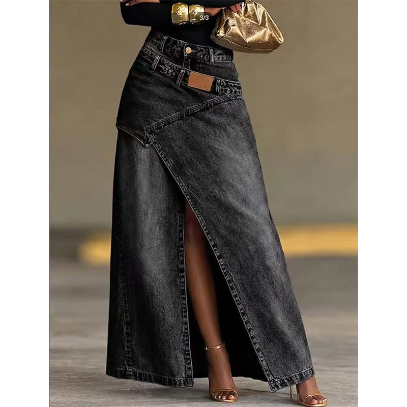 👗✨ Asymmetrisk lager denim maxikjol med slits