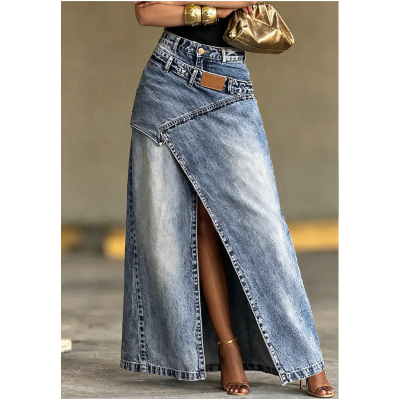 👗✨ Asymmetrisk lager denim maxikjol med slits
