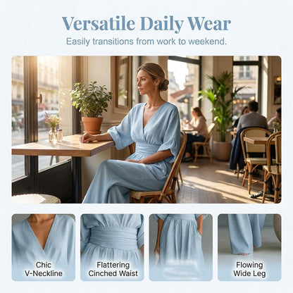 🔥 50% RABATT 👗 Elegant dam-jumpsuit med V-ringning ✨ hög midja & vida ben – smickrande, luftig & perfekt för sommarstil 🌿