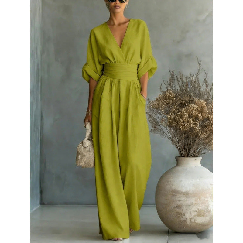 🔥 50% RABATT 👗 Elegant dam-jumpsuit med V-ringning ✨ hög midja & vida ben – smickrande, luftig & perfekt för sommarstil 🌿