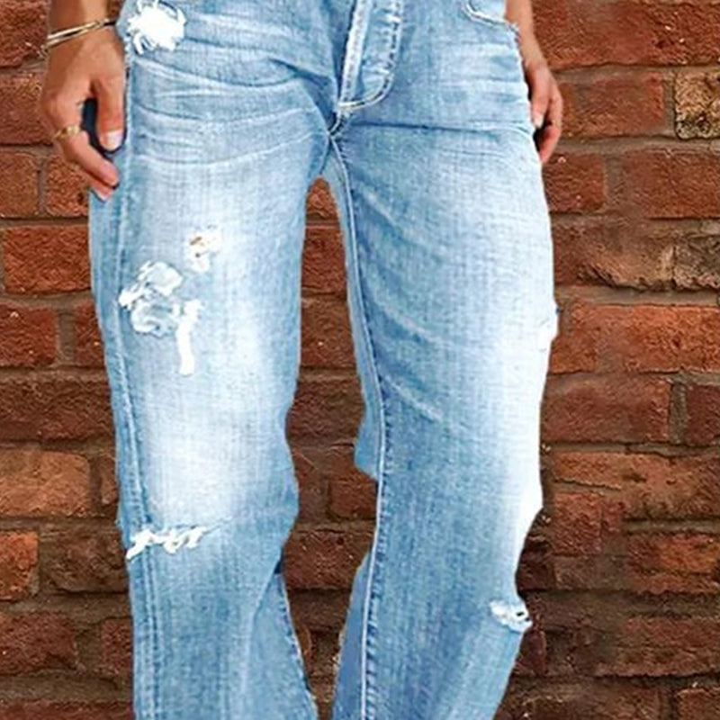 👖 50 % RABATT NU! 🔥 Slim fit-jeans med utsvängda ben i sliten stil för dam – Stretchig denim och vintage-look – Slitna detaljer, smickrande passform – perfekta för avslappnade dagar eller en tuff streetstyle ✨